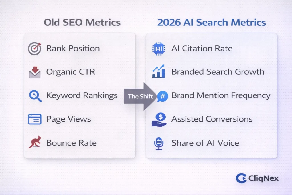 Comparison of traditional SEO metrics versus 2026 AI search performance metrics for Google AI Overviews