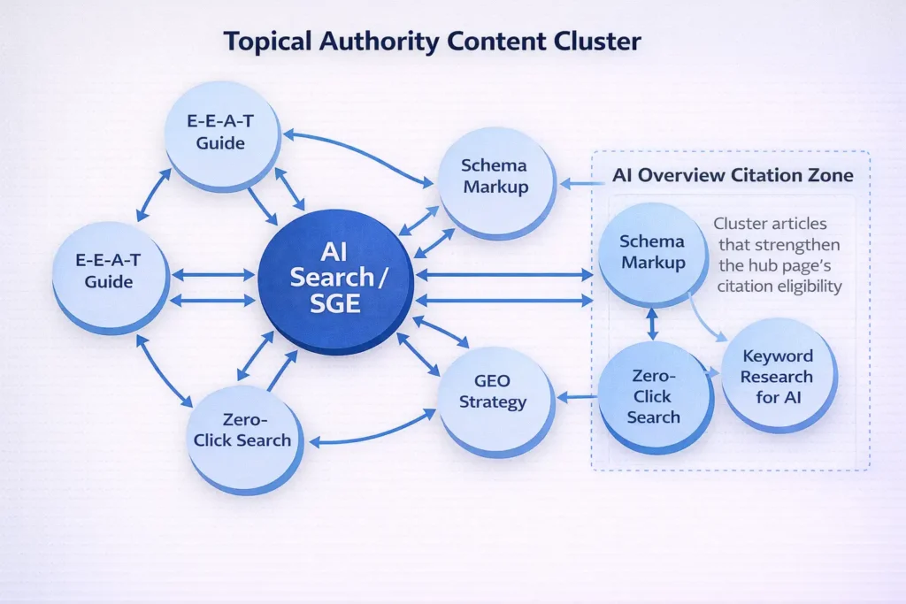 Content cluster diagram showing topical authority structure for SGE and AI search optimization
