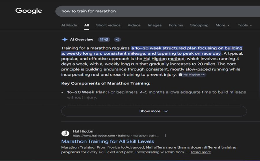 Annotated diagram of Google AI Overview anatomy showing AI snapshot, citation cards, and organic results below