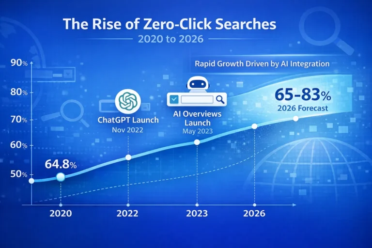 Zero-Click Searches Hit 65%: New SEO Strategies for 2026 Zero-click search evolution from 2020 to 2026 showing rise to 65-83%